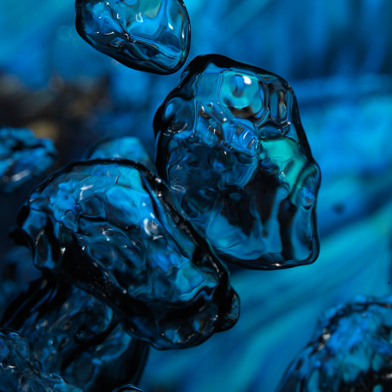 Underwater rising bubbles composed with rising threads in soft light