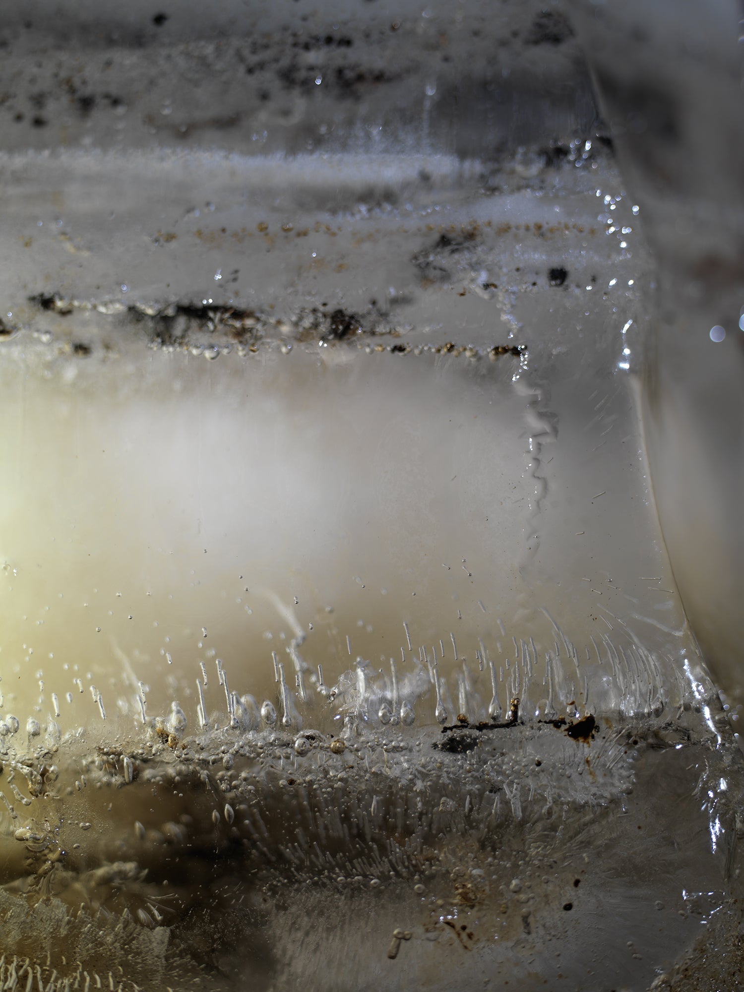 Oil and water held underwater with sheen gradients and soft light